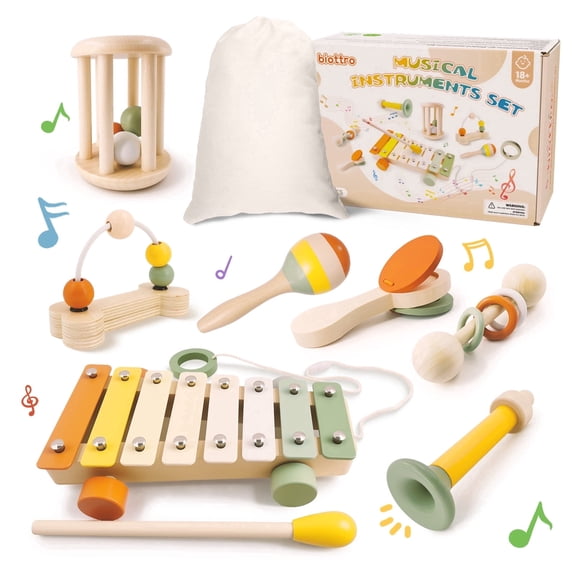 Wooden Musical Instruments Set for Toddlers 18  Months - 7PCS Montessori Educational Learning Toys with Xylophone, Maracas, Trumpet & Storage Bag for Kids Baby