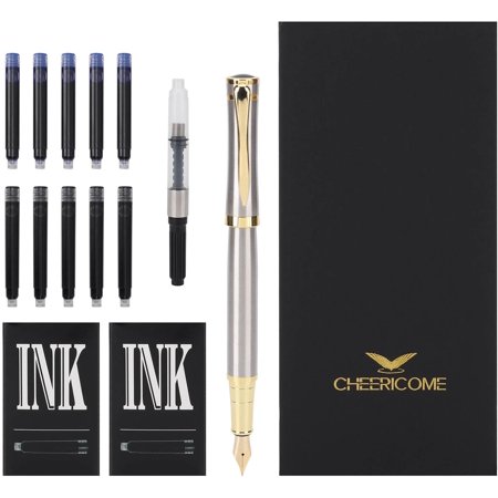 FGERFE-Fountain Pen - Luxury Fountain pen set for Men & Women - Ink Pen for Smooth Writing - Fountain Pen Fine NibIncludes 10 Ink Cartridges and Ink Refill Converter - Silver
