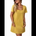 thumbnail image 2 of Vestido Informal de Corta con Cuello Cuadrado y Bolsillos, Color Liso, para Mujer, Amarillo, Talla S, 2 of 9