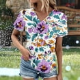 thumbnail image 3 of JTZGDY Womens Summer Short Sleeve T-Shirts Cute Floral Printed Button Wrap Cross V Neck Graphic Tunic Tops Trendy Business Work Blouse Purple M, 3 of 6