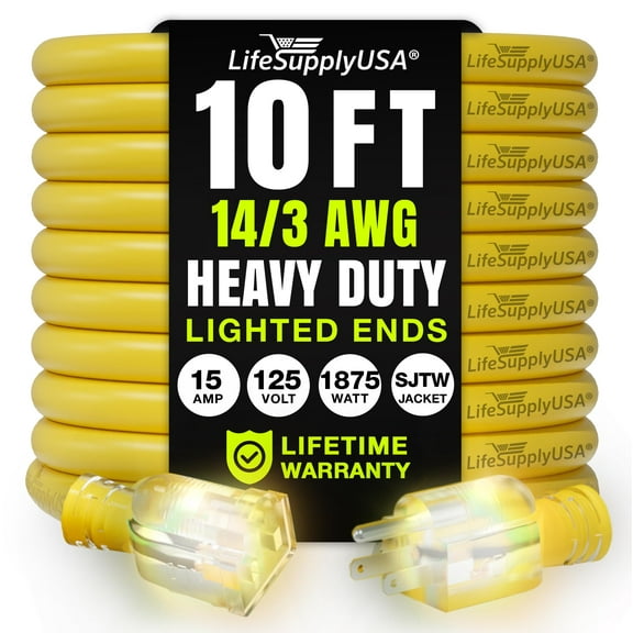 10ft Outdoor/Indoor Extension Cord 14/3 Gauge Heavy Duty 3 Prong SJTW, Waterproof, Flexible Cold-Resistant Long Power Cord,15A 125V 1875W, Yellow by LifeSupplyUSA