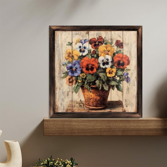 Pansies Floral Arrangement Pot Still Wooden Sign Wall Plaque - Vintage Art Decoration, Wall Decoration - Ideal Gift For Home Decoration, Living Room, Bathroom, Bedroom, Garden, Dining, Bar, Cafe, F