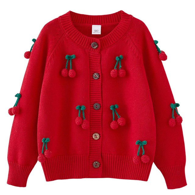 RXIRUCGD Cardigan Tricoté à la Main pour Filles, Col Rond en Coton, Veste Chandail pour Enfants (Rouge, Taille : 6 Ans)