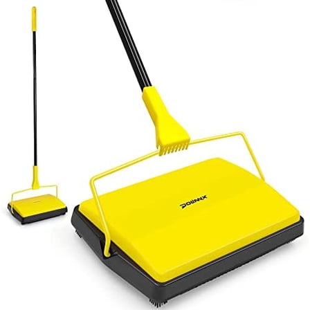 Carpet Sweeper Manual Push with Horsehair Brush, Electrostatic Floor Roller Sweeper Broom Non Electric for Pet Hair, Rug (Yellow)