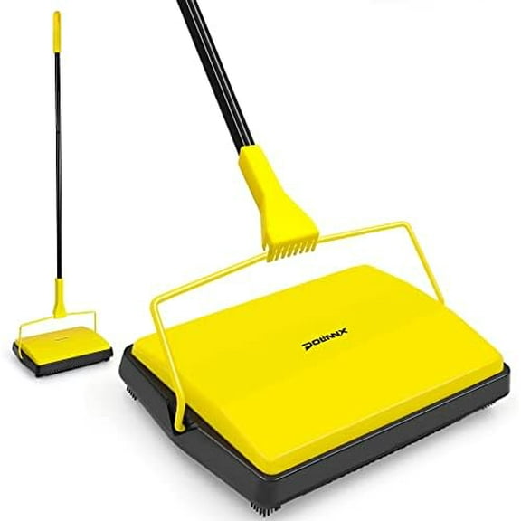 Carpet Sweeper Manual Push with Horsehair Brush, Electrostatic Floor Roller Sweeper Broom Non Electric for Pet Hair, Rug (Yellow)