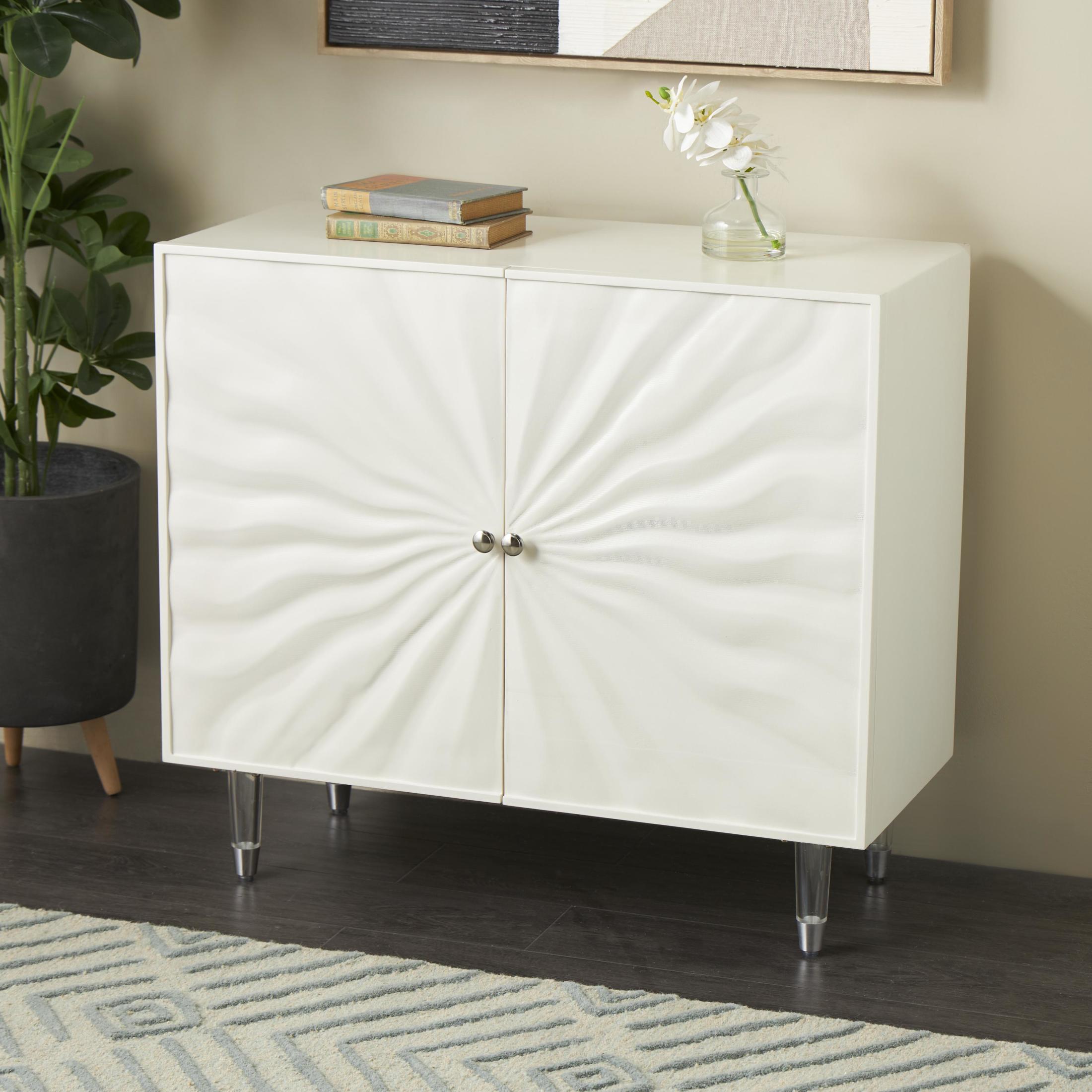 DecMode 35" x 32" White Wooden 2 Door Cabinet with Silver Knobs and Legs, 1-Piece