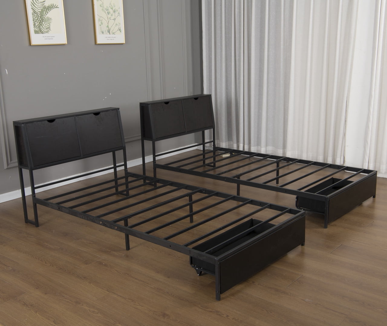 2 x Twin Size Metal Platform Bed Frame with Storage Headboard, Detachable Daybed with LED Lights, Drawers and Side Shelves