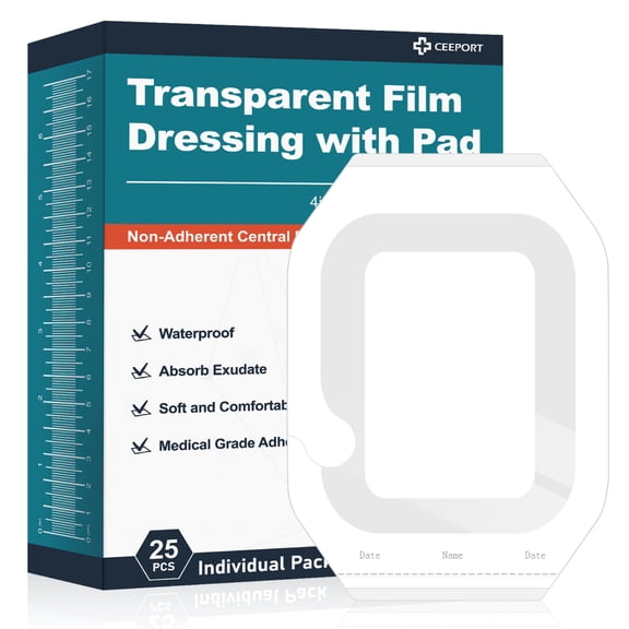 Ceeport WaterproofTransparent Film Dressing with Pad 25 Pack, 4"x4.75" Large Bandages Adhesive Patches, Wound Cover Patches for Post Surgical. lV Shield, Tattoo Aftercare Bandage