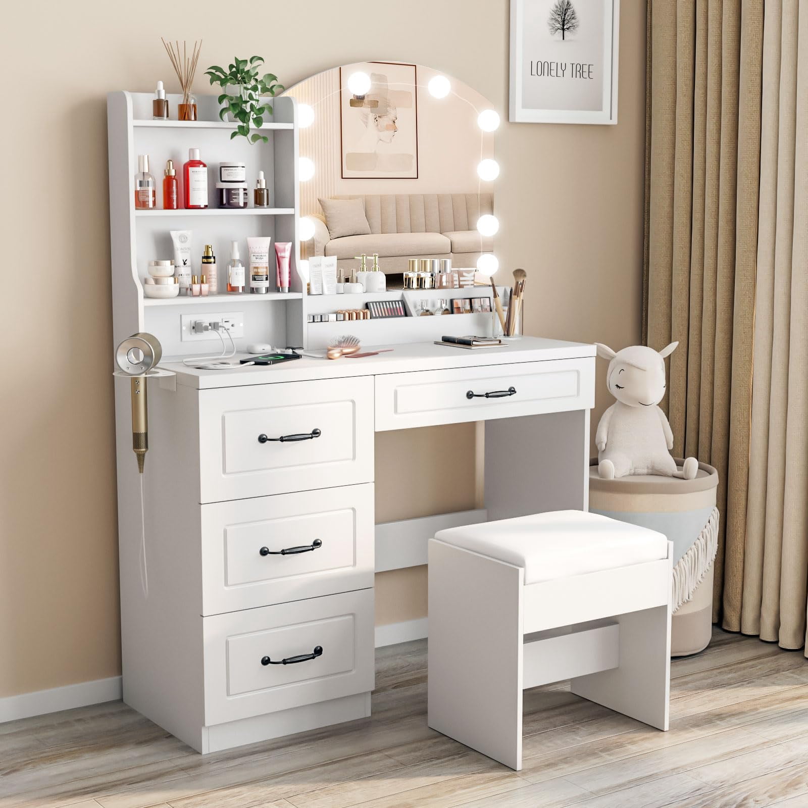 VEANERWOOD Vanity Desk Set with Lights and Power Strip,4 Drawers Vanity Set Makeup Table, 3 Lighting Colors, White