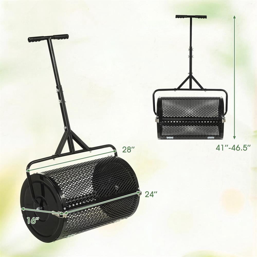 Topcobee 24 Inch Compost Spreader Peat Moss Spreader Roller with Height-Adjustable T-Shaped Handle, Garden Spreaders for Lawns-Black