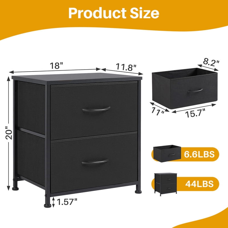 TINKLE WELL Nightstand with 2 Fabric Drawers, End Table 20 inch Tall Side Table for Bedroom, Closet, or Dorm Storage, Black, 1 Pack