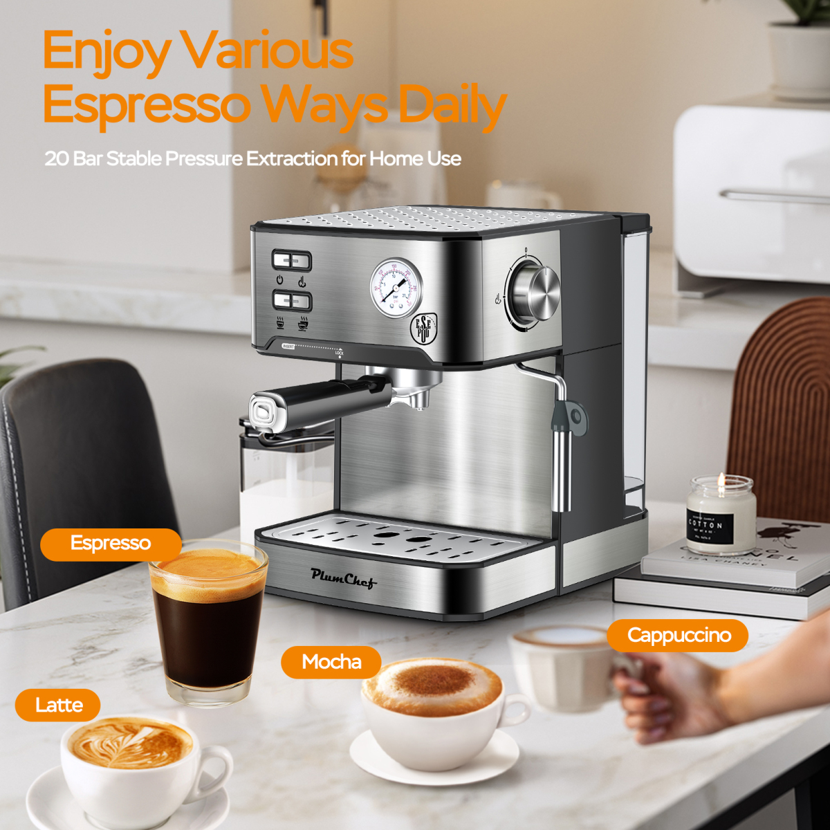 20 Bar Professional Espresso Machine with Milk Frother, Single & Double Shot, ESE Pod Compatible, Pressure Display, Removable Water Tank for Cappuccino, Latte, & Macchiato – Home Barista Edition
