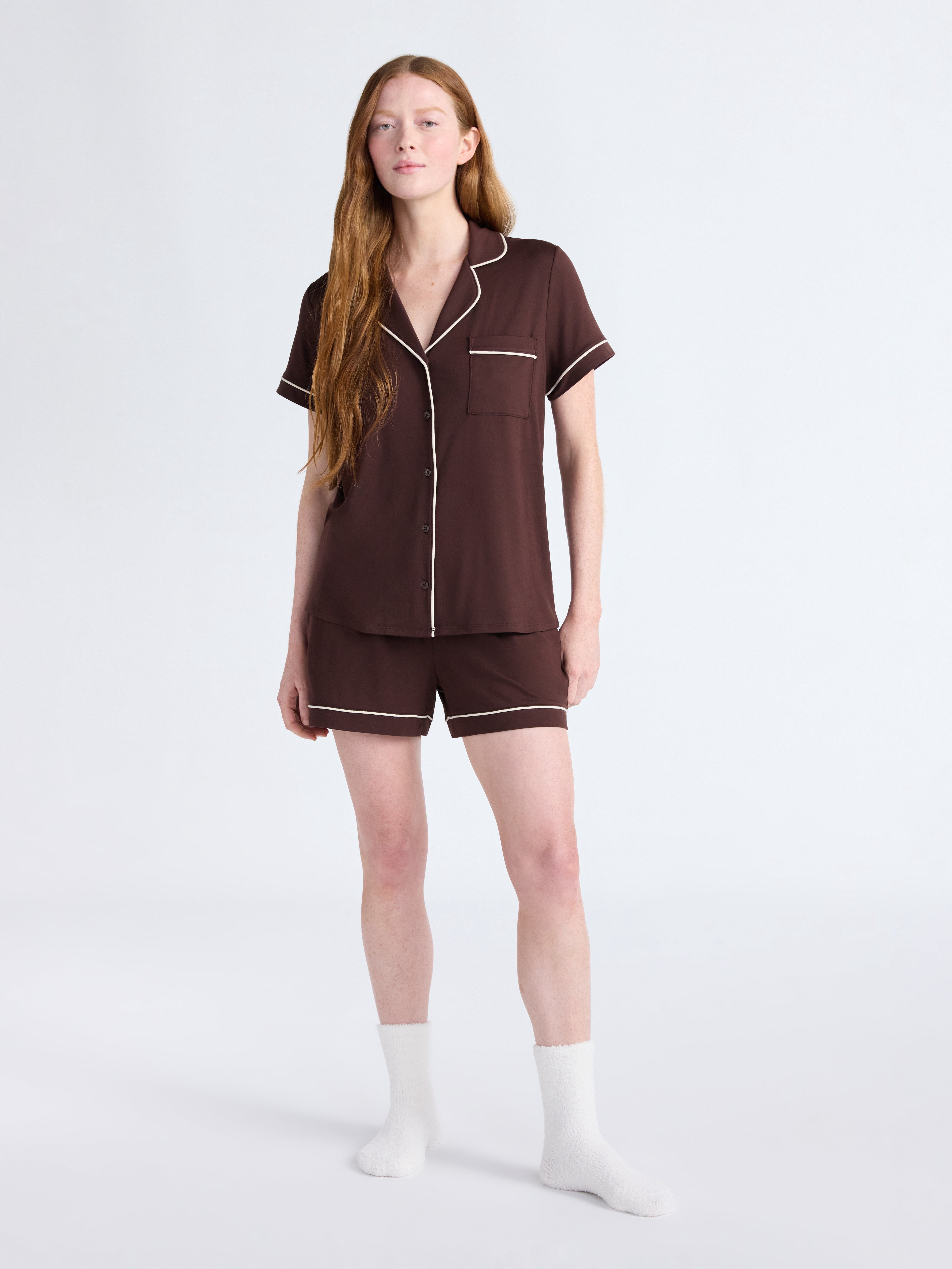 Joyspun Women’s Dreamy Soft Collection Notch Collar Knit Top and Boxer Shorts Pajama Set, Sizes XS-3X