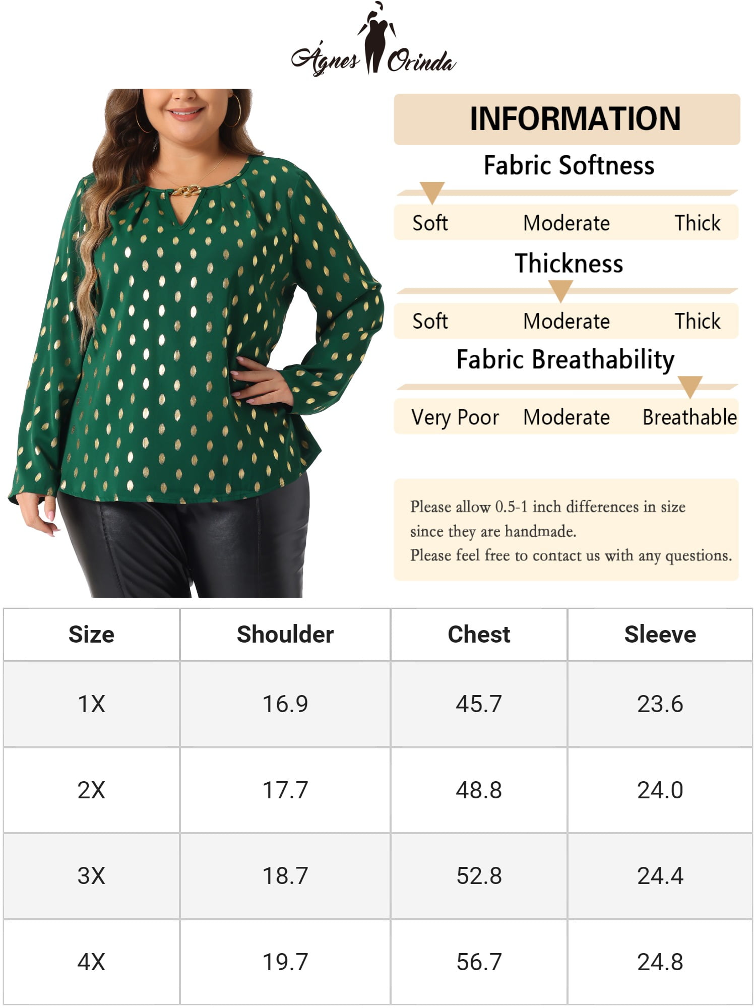 DARING DIVA Women's Plus Metallic Shiny Dots Blouse 3X Green