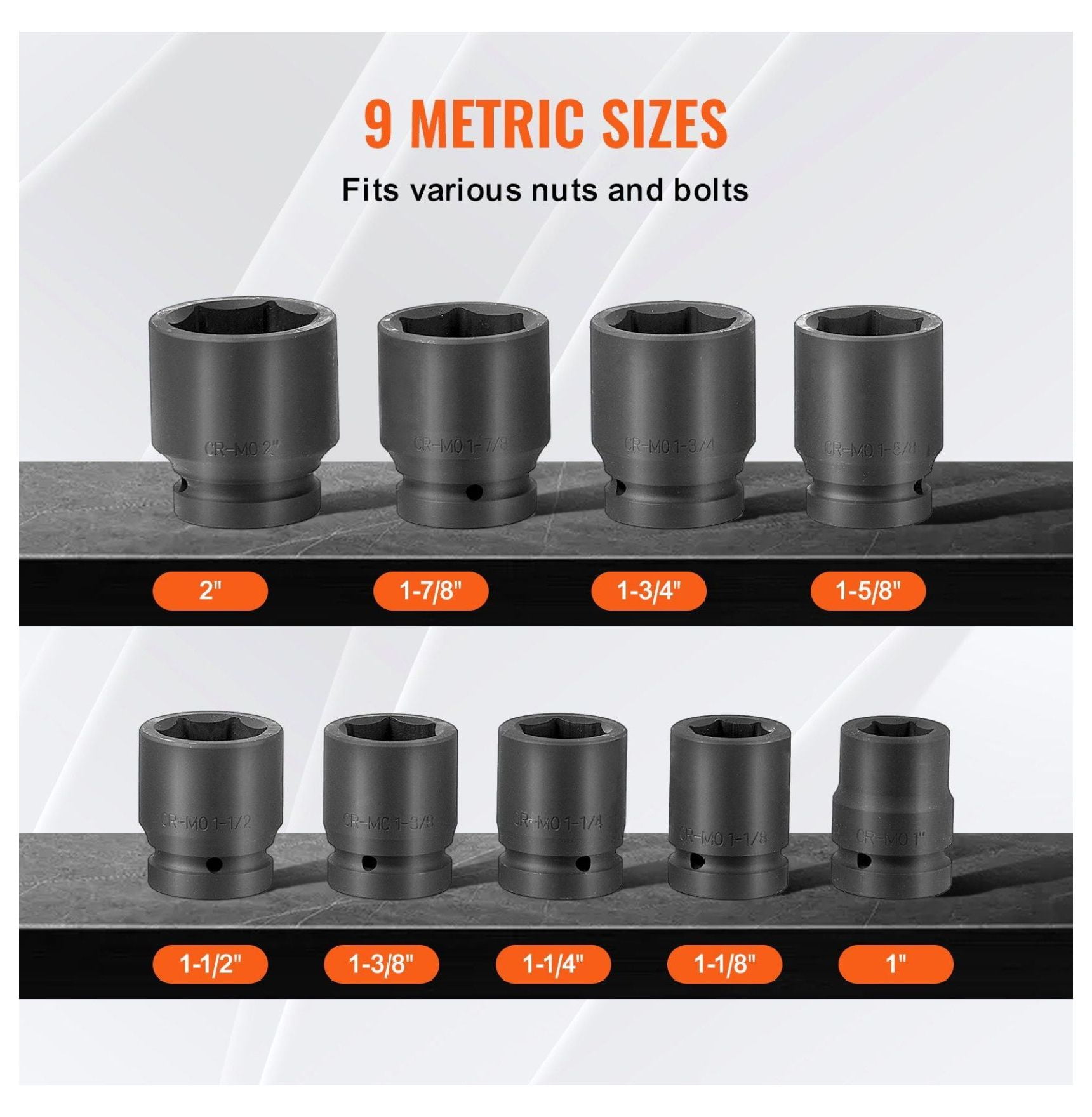 Axle Nut Impact Socket Set 1" Drive 6-Point 9-Piece SAE - CR-MO Steel, Heat Treated, with Storage Case for Auto Repair & Truck Maintenance