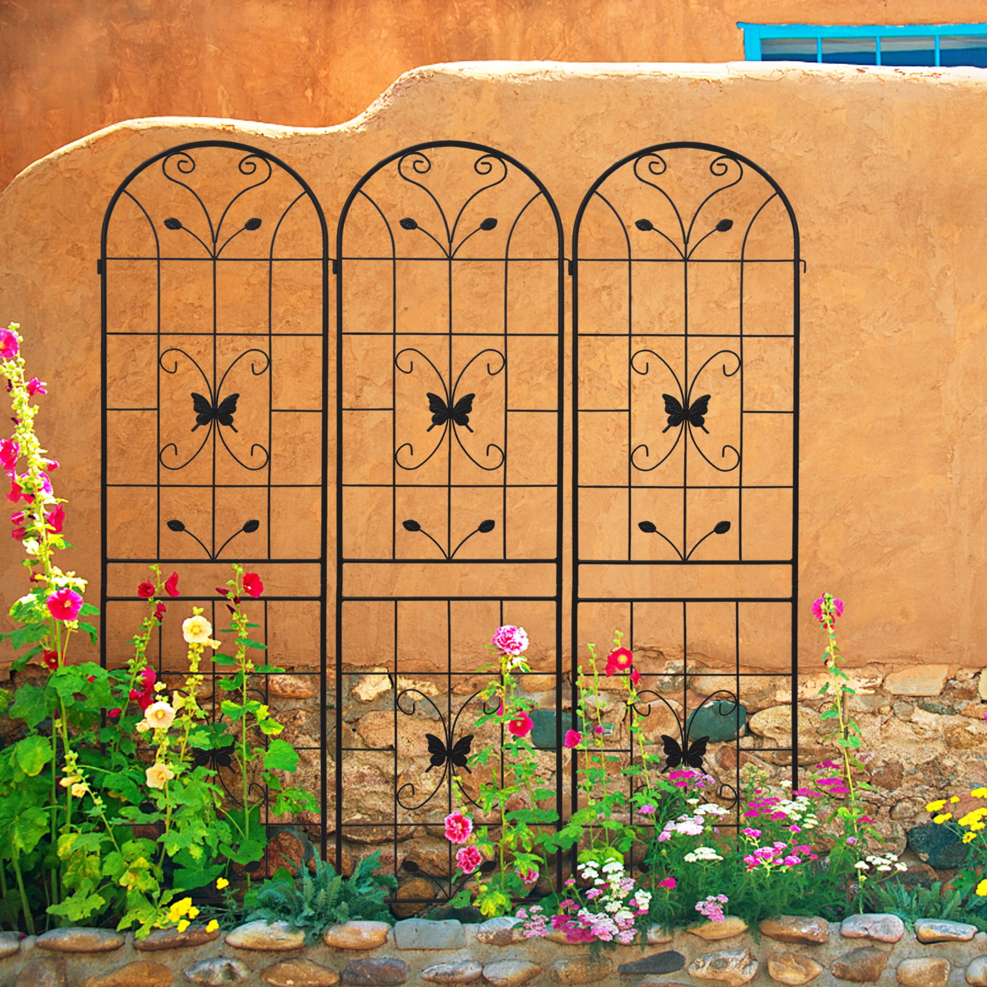 Olurrisa 2 Pack Black French Style Metal Garden Trellis 86.7" H - Rustproof Outdoor Plant Support for Climbing Flowers, Vines, Cucumbers