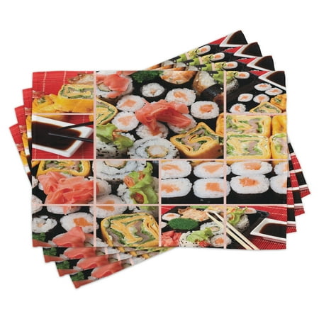 

Japanese Placemats Set of 4 Cuisine Asian Sushi Fish Raw Meat Rolls South East Fast Food Ceremony Artwork Washable Fabric Place Mats for Dining Room Kitchen Table Decor Multicolor by Ambesonne