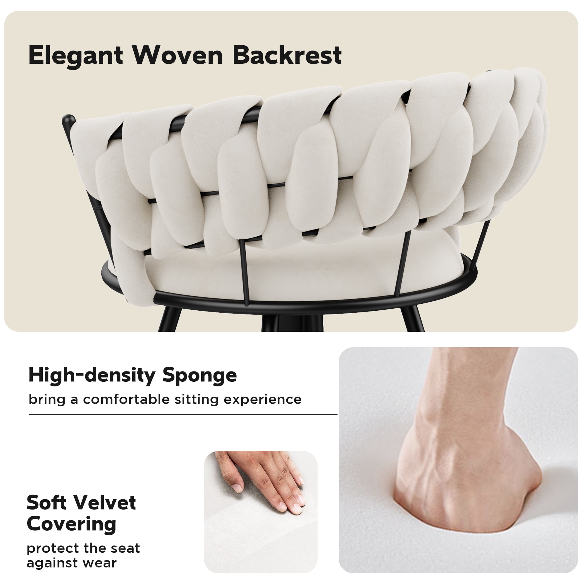 Andeworld 24'' Barstools set of 2, Modern Velvet Bar Stools with Woven Back, Counter Height Barstools with Upholstered Seating, Round Footrest, Ivory