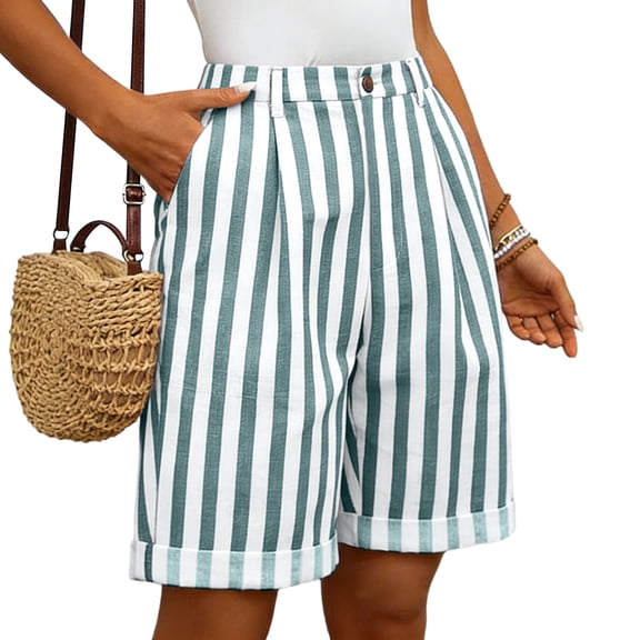 Garbnen Striped Women's Shorts Linen Button Bermudas Shorts for Women Summer Beach Going Out Lightweight Color Block Shorts Women with Pockets Green L
