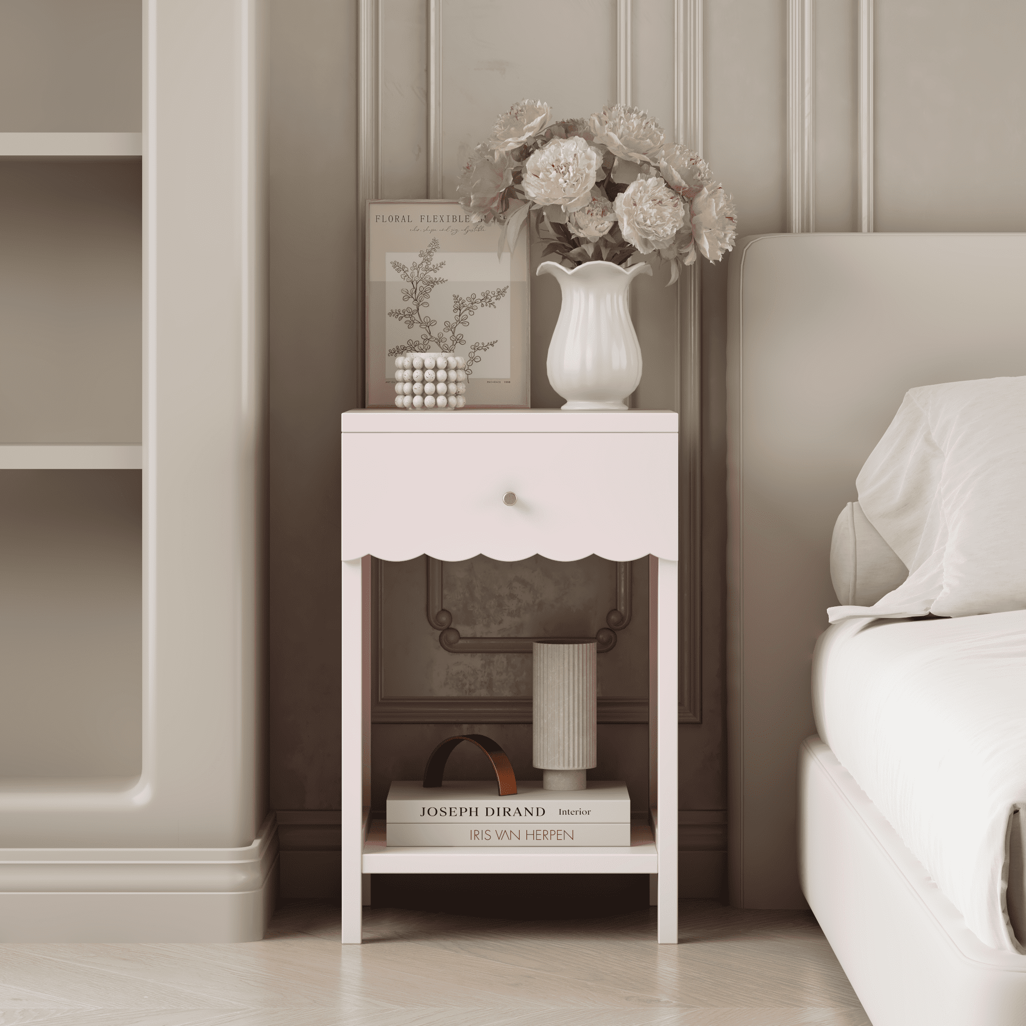 Pink Scalloped Nightstand with Drawer and Open Shelf Bedside End Table Kids Room Storage