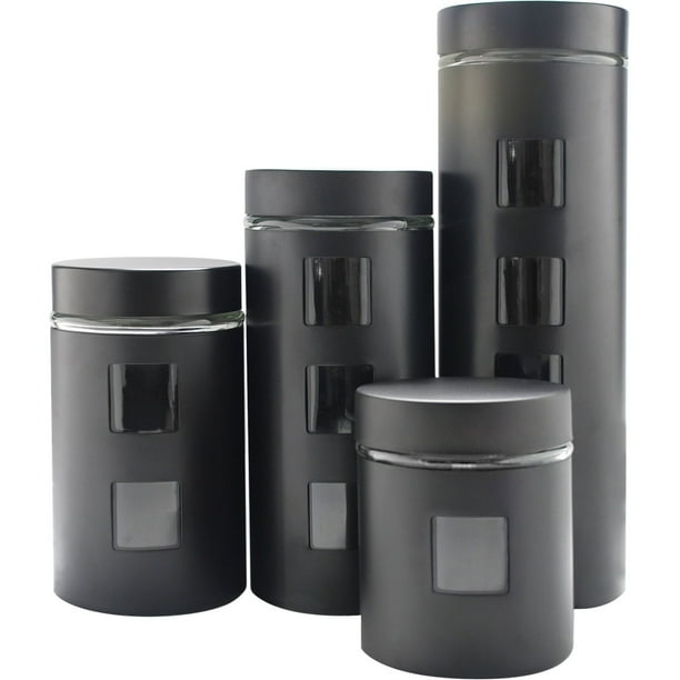 4 Piece Stainless Steel with Glass Canister Set Black