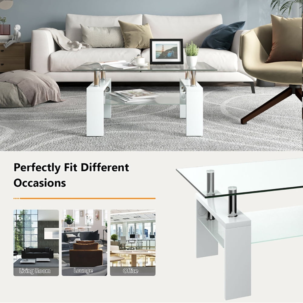 Finihen Glass Coffee Table, Rectangular Coffee Table, Rectangular Tempered Glass Coffee Table End Side Table with Shelf, for Living Room, Reception Room, White Finihen Glass Coffee Table, Rectangular Coffee Table, Rectangular Tempered Glass Coffee Table End Side Table with Shelf, for Living Room, Reception Room, White
