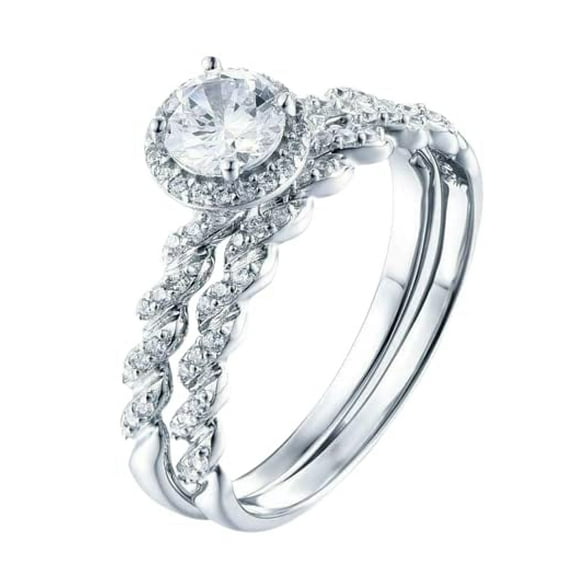 HeartsAndYou 2.3ct Round Cut Moissanite Bridal Set Halo Ring Twisted Band 18k White Gold Over Silver