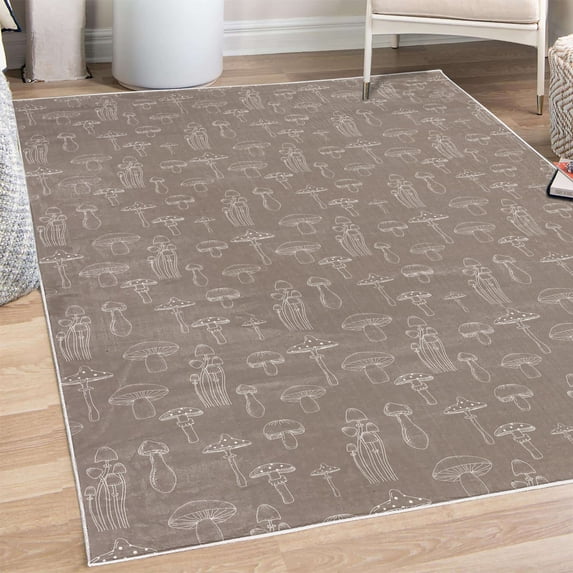 Mushroom Decorative Rug, Pattern with Different Mushrooms Doodle Monochrome Display Organic Garden, Quality Carpet for Bedroom Dorm and Living Room, 6 Sizes, Warm Taupe, by Ambesonne