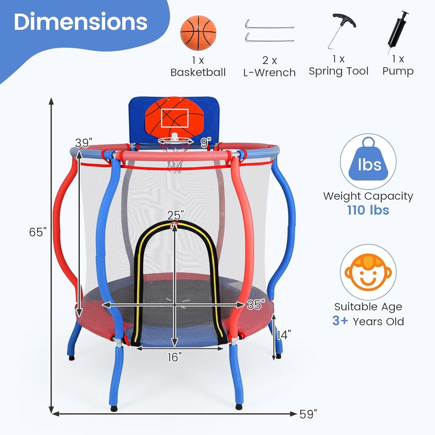 OLAKIDS 48" Trampoline for Kids, Outdoor Indoor Toddler Trampoline with Safety Enclosure Net Basketball Hoop Anti-Slip Foot Pads Zippered Door, Baby Recreational Trampolines Gift for Backyard