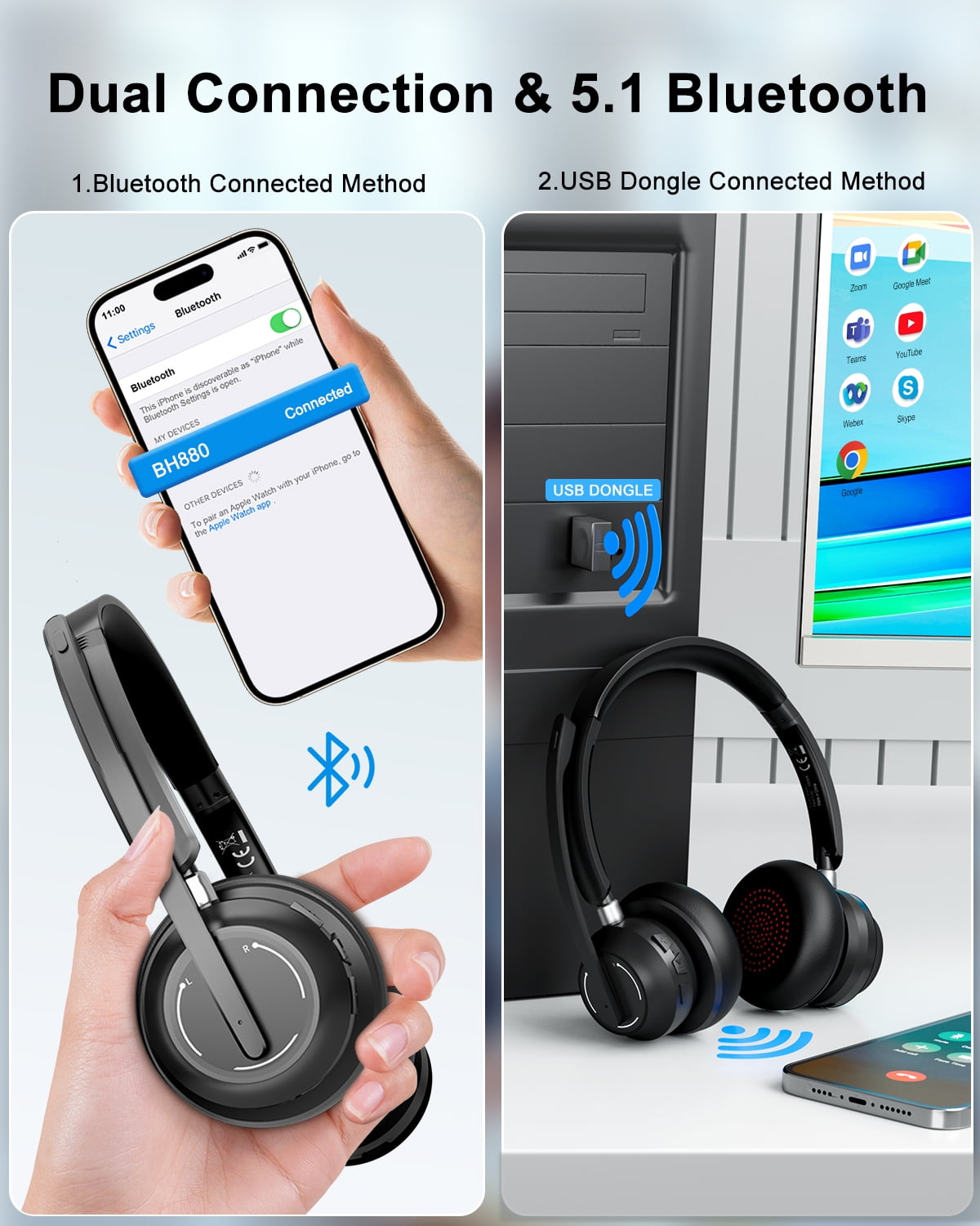 SUNITEC Wireless Bluetooth Headset with Microphone and USB Dongle, Noise Cancelling Mic, Compatible with PC, Laptop and Phone