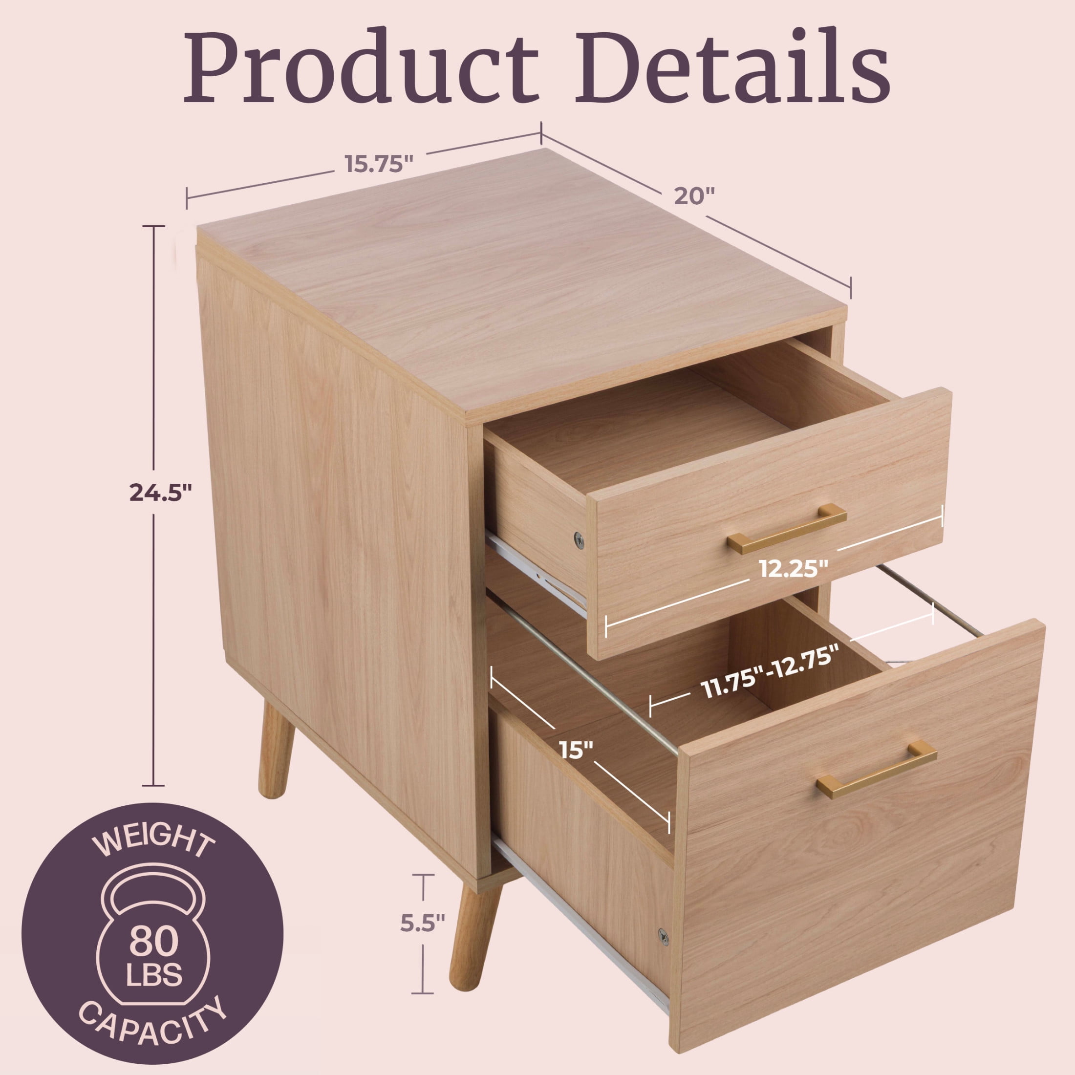 Lavish Home 2 Drawer File Cabinet with Adjustable Hanging Bars for Office Storage, Natural