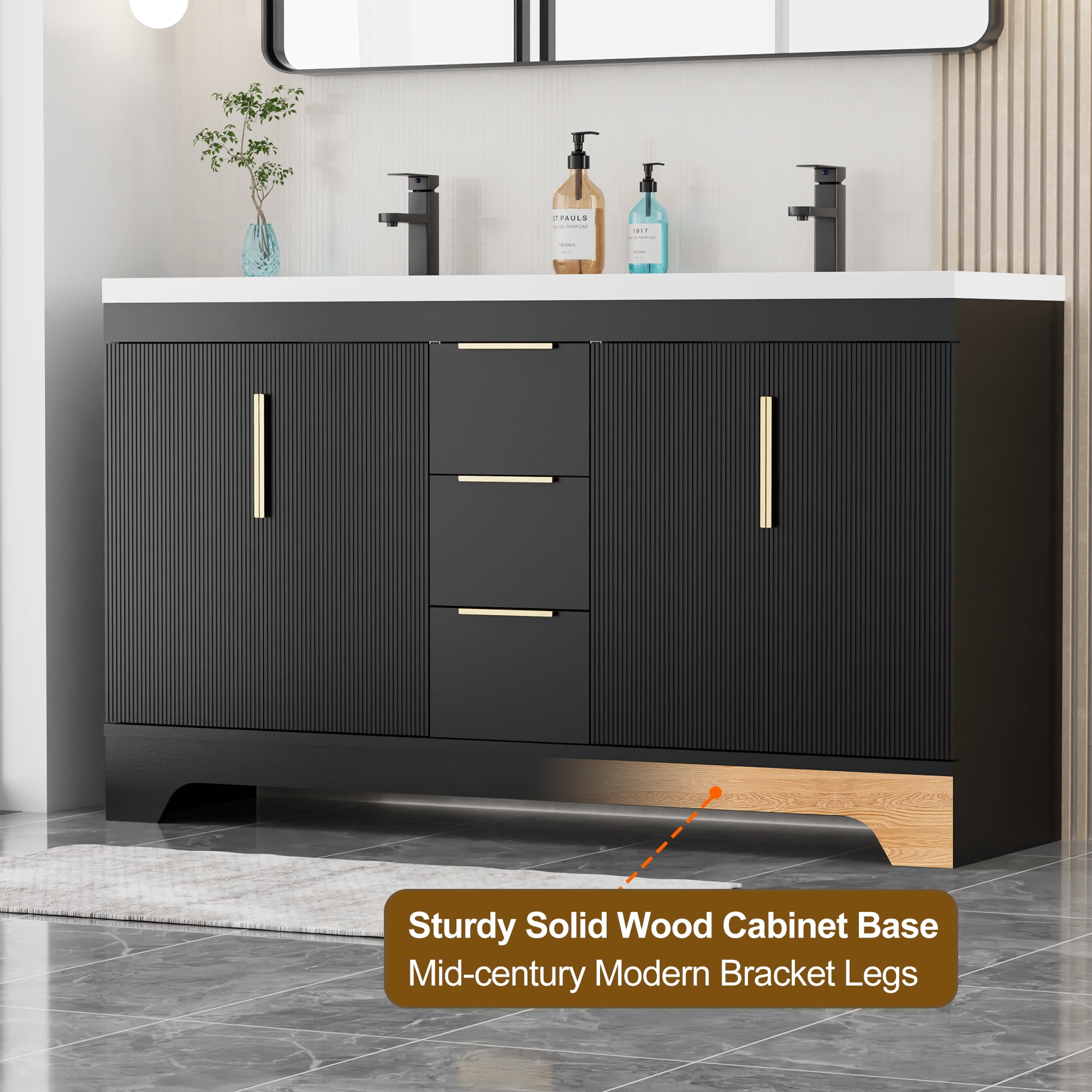 Eclife 60-inch Double Sink Bathroom Vanity with Integrated Tops, Soft-Close Hinges, Fluted Door Design, Mid-Century Modern