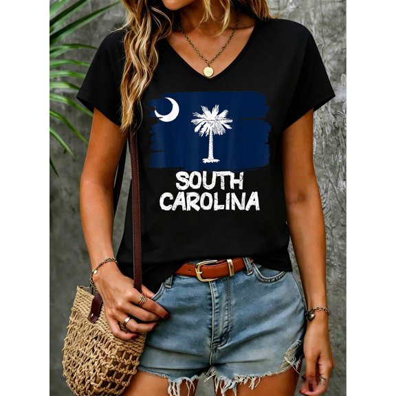 Cool South Carolina Flag V Neck T-Shirt Cotton Women's V Neck Graphic Tee, Casual Short Sleeve Shirt,Vacation Outfit