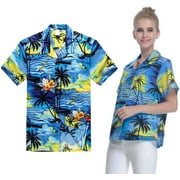 Couple Matching Hawaiian Luau Outfit Aloha Shirts in Sunset Blue