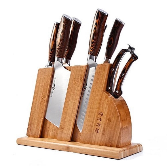 TUO Ensemble de 8 Couteaux de Cuisine - Acier Allemand Forgé X50CrMoV15 - Résistant à la Rouille - Poignée Ergonomique en Pakkawood Pleine Soie - Ensemble de Couteaux de Cuisine avec Bloc en Bois - Série Phénix Ardent