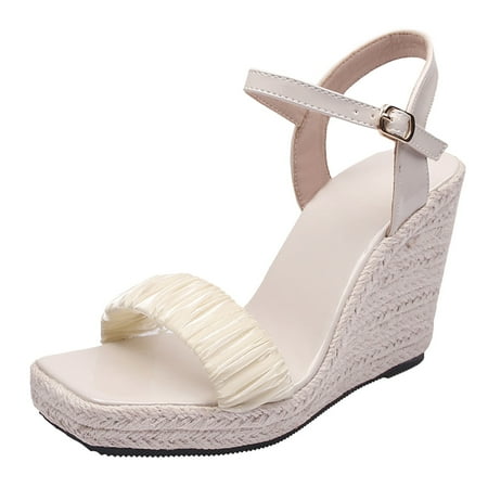 

ZRBYWB Sandals For Women Summer Open Toe High Heel Women s Straw Woven Thick Sole Wedge Sandals Buckled Roman Espadrilles Shoes Large Size Sandels