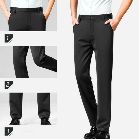 Handshe Men's Solid Suit Pants with Button Closure Casual Relaxed Fit Straight Leg Trousers,Plus Size