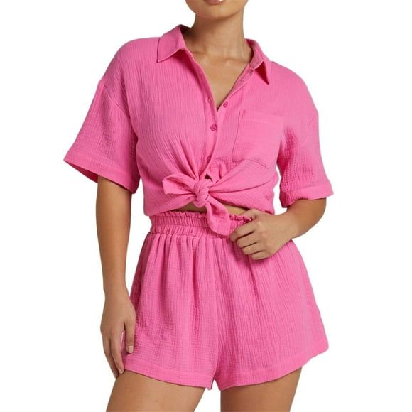 Ketyyh-chn99 2 Piece Set Outfit Women Pajamas Shorts Set Fashion Casual Summer Printing Short Sleeve O-Neck Top Shorts Set Hot Pink,M