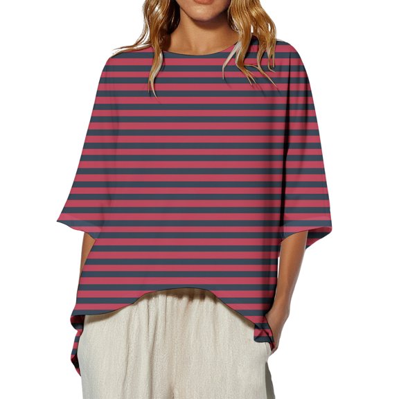 Lenpel Plus Size Tops for Women 3/4 Length Sleeve Crew Neck Curved Hem Striped Oversized T Shirts Casual Loose Tunic Blouses(Wine,X-Large)