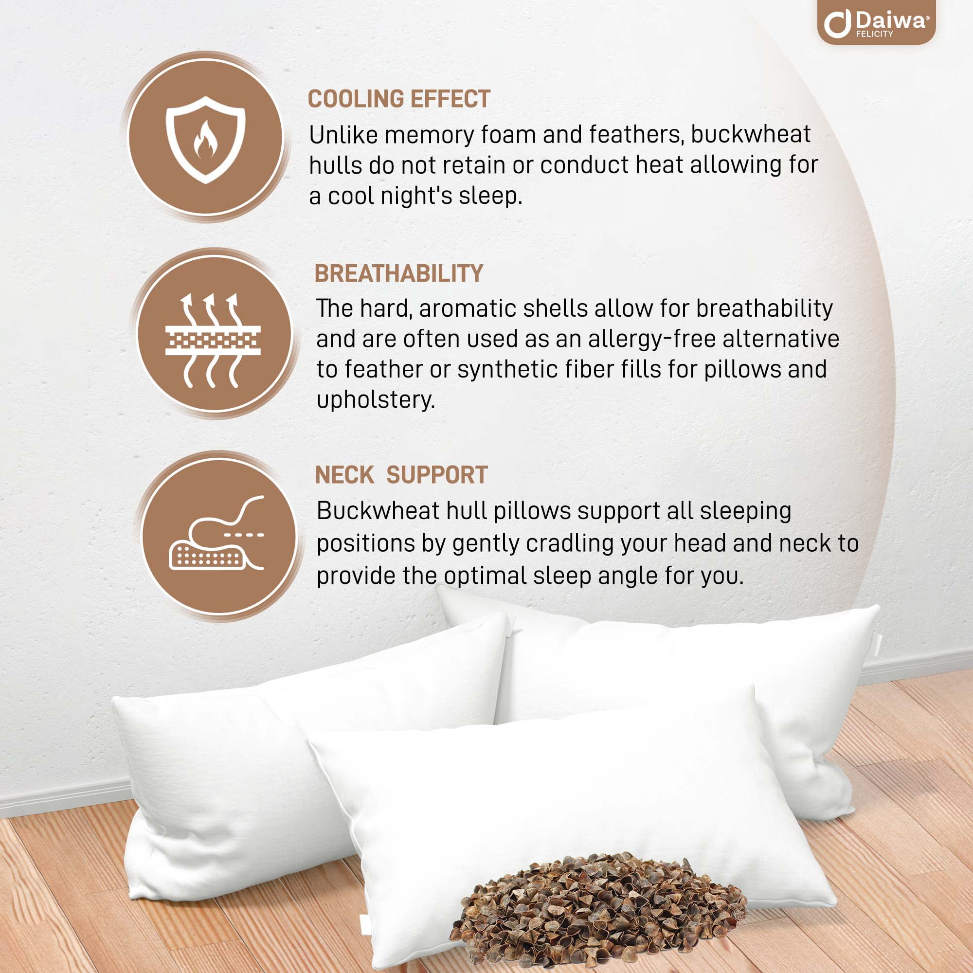 Daiwa Felicity Organic Buckwheat Pillow for Sleeping with Pillow Case - Japanese Pillow Filled with Sobakawa aids in Cooling Sleep with Neck Support for Any Sleep Position