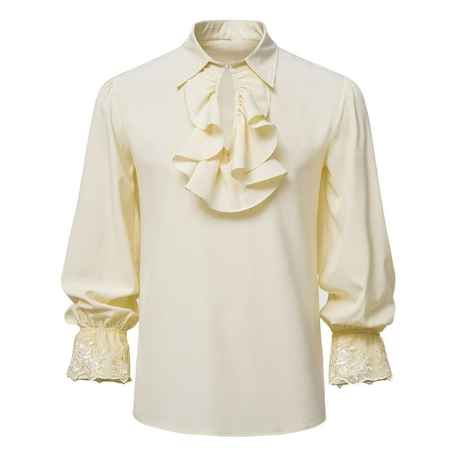 KIHOUT Chemises de Printemps pour Hommes, Mode Décontractée Chandail à Manches Col Montant Chemise Renaissance à Volants Steampunk Manches Trompette, Taille P-2TG