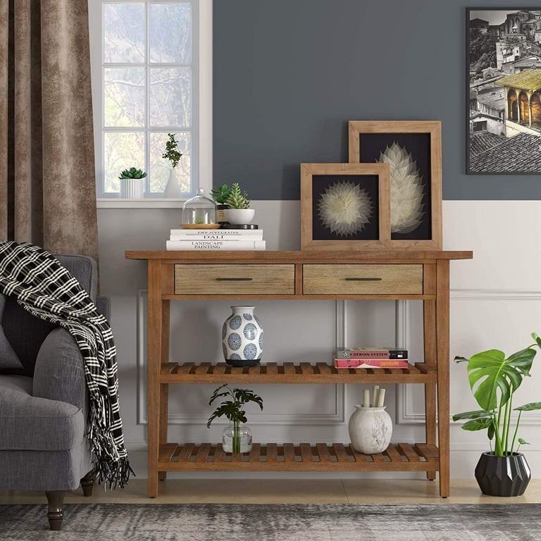Rustic farmhouse console table solid wood shelf sofa accent entryway on sale hall brown