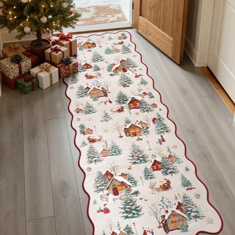 Wonnitar Christmas Runner Rugs, 2x6 Beige Kitchen Rug Washable Non Slip, Soft Ultra-Thin Christmas Tree Santa Claus Holiday Decor Runner Carpet for Hallway Bathroom Bedside