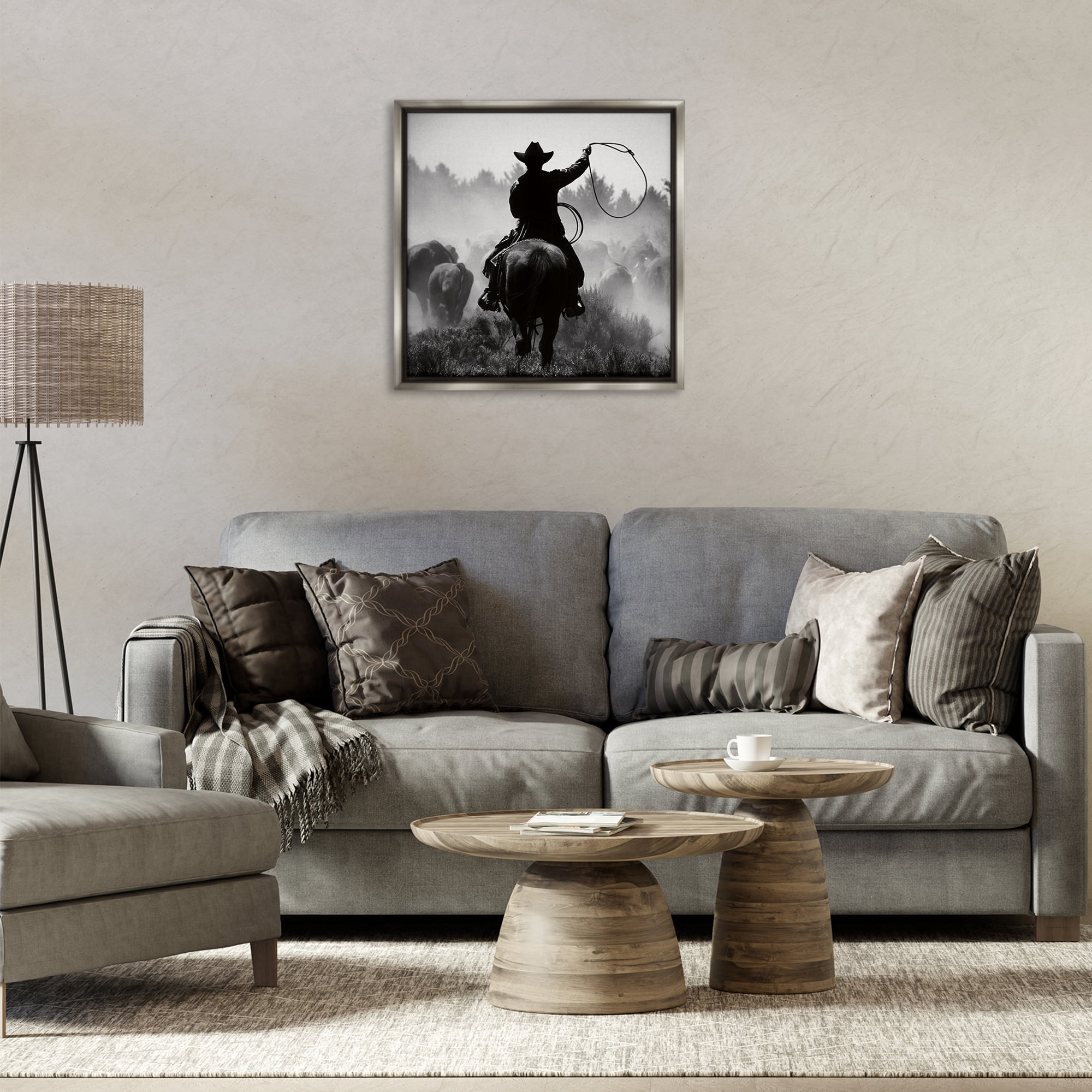 Stupell Industries Cowboy Swinging Lasso People Photography Gray Floater Framed Canvas Art Print Wall Art, 25 x 25
