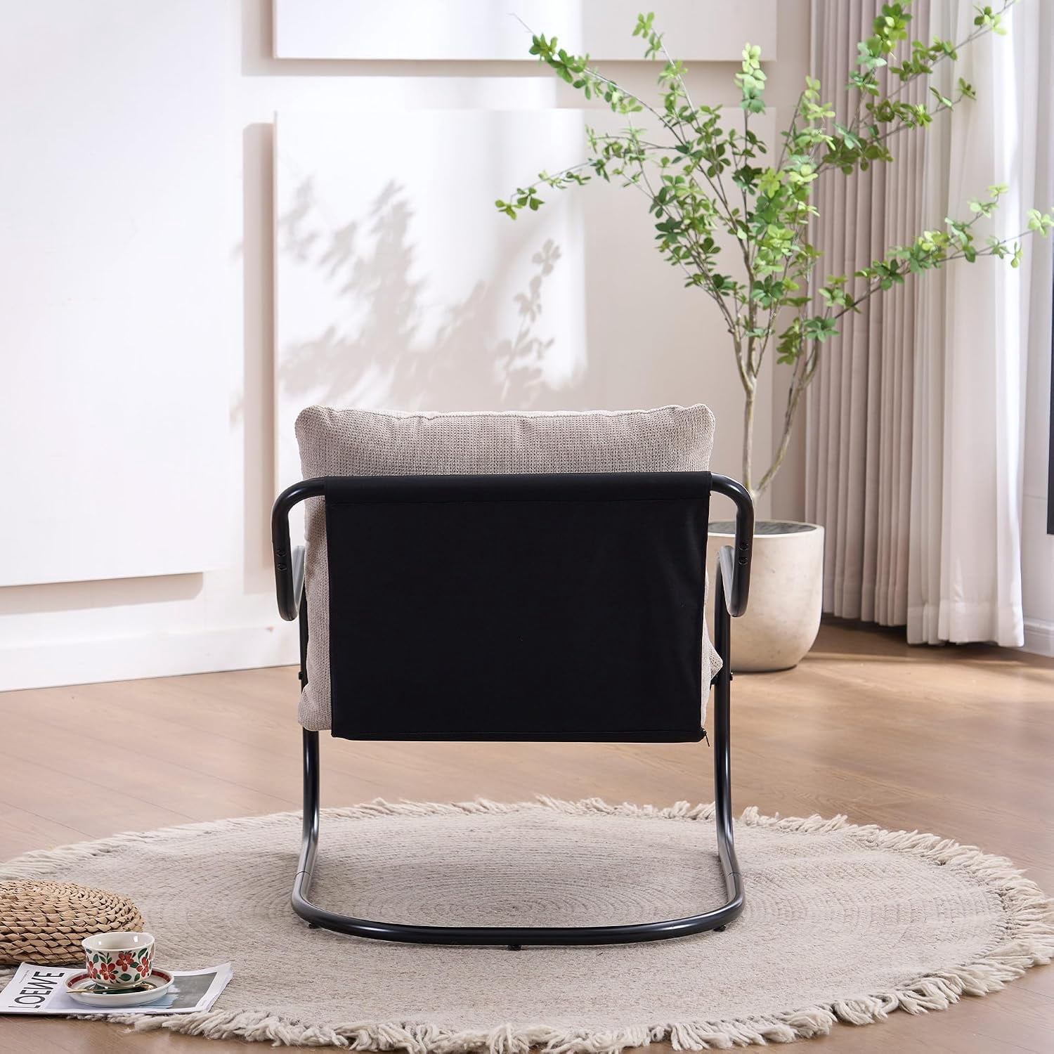 Beige Accent Chair, Modern Upholstered Chair with Cotton Fabric Cushion & Sturdy Metal Frame, Comfy Accent Chair for Living Room, Bedroom, Balcony, Small Reading Chair