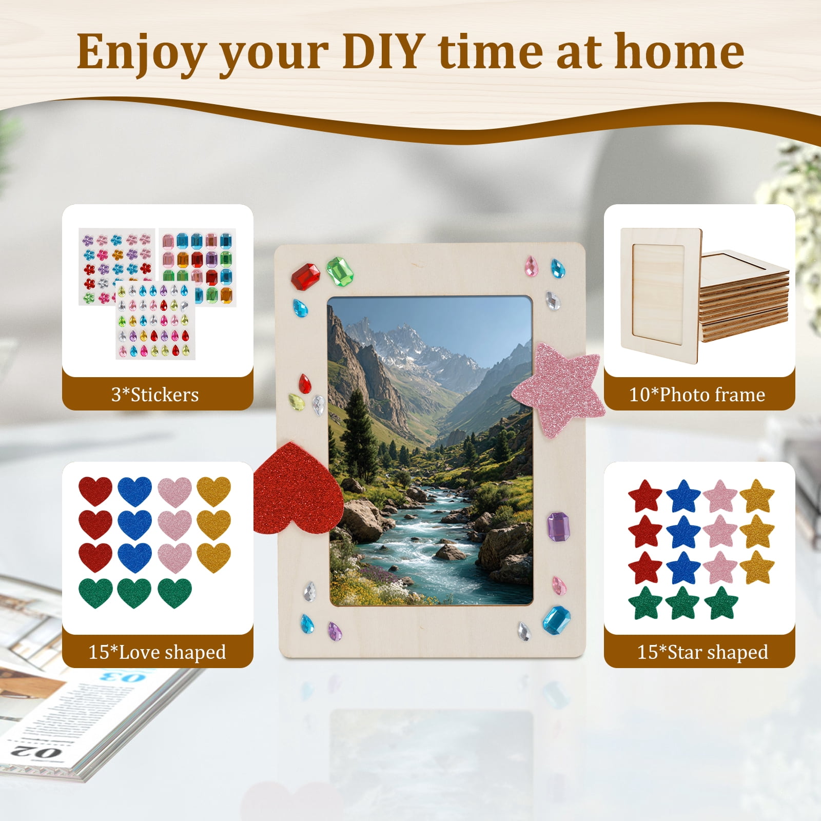 Keyohome 10Pcs Wood Picture Frame Painting Craft Kit Exercise Hand on Skill Rectangle DIY Picture Frame Parent Child Interaction for Party