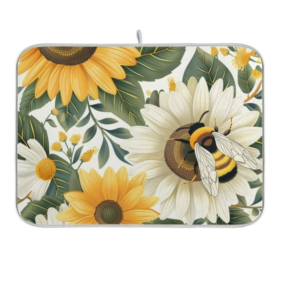 Bee and Sunflowers Dish Drying Mat for Kitchen Counter 16x18 In Absorbent Microfiber Reversible Mats Dish Drainer Protector Rack Pad for Coffee Bar Table