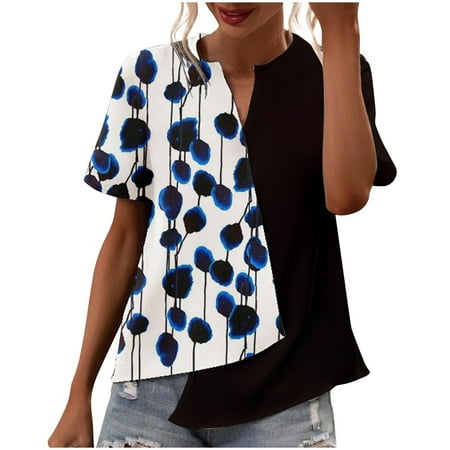 

Women Short Sleeve Split Neck Asymmetric Blouses Patchwork Print Casual Shirts Blouse Tops Basic Tees for Women Dark Blue S