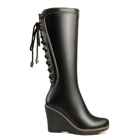 

Ferwind Women s Boots Lace Mid-Calf Wedge Heel Female Adult Black 6