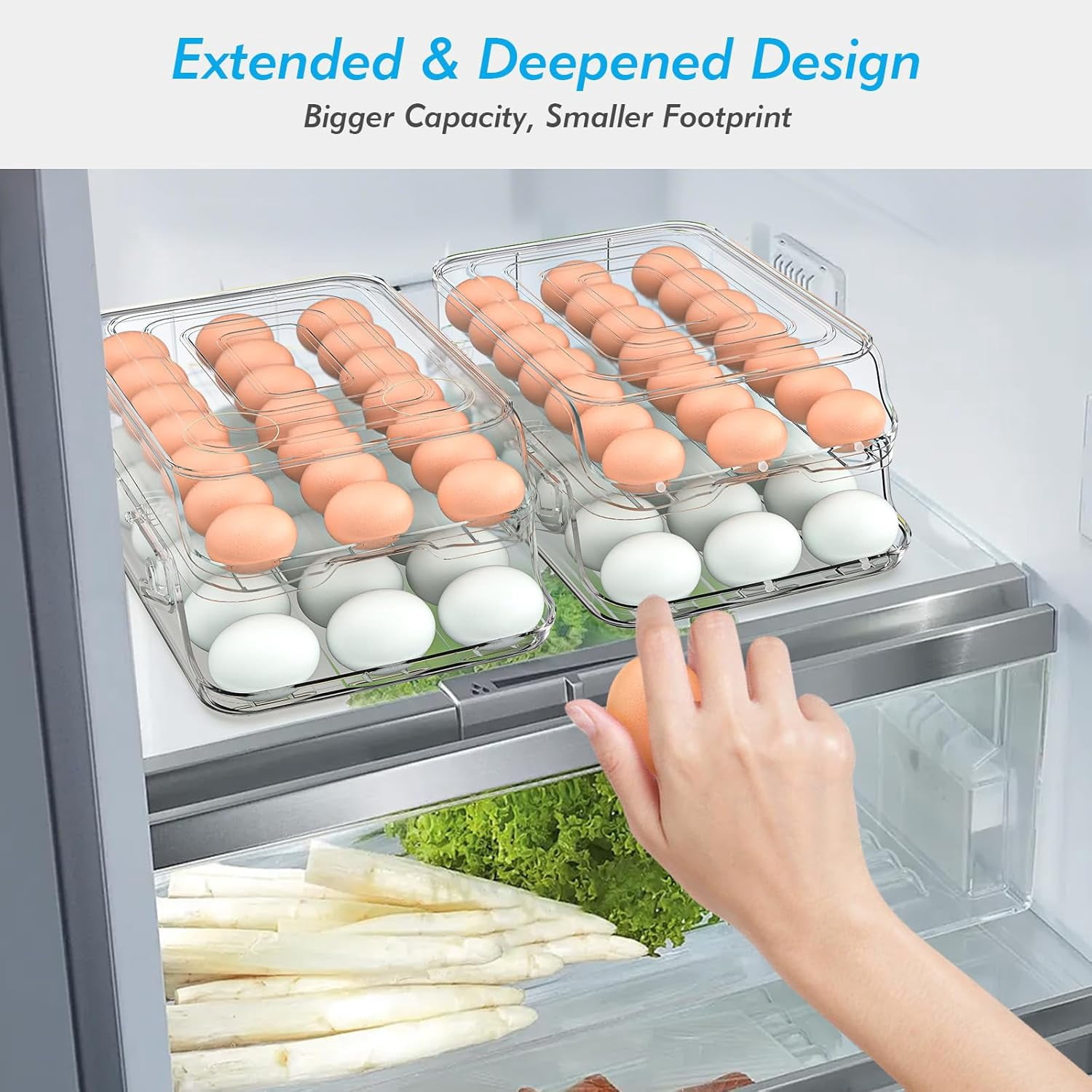 Egg Holder for Fridge, Foldable Automatic Rolling Egg Container for Refrigerator, Stackable Large-Capacity Egg Organizer Tray, Durable Clear Plastic Dispenser (3 dozens)
